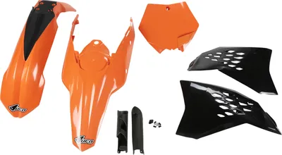 Produktbild von Verkleidungskit UFO PLAST 7-teilig Verkleidungssatz Kunststoff mit Gabelschutz für KTM SX SX-F Racing 125 - 450 ccm Bj. 2007 - 2010, Farbe:orange / schwarz