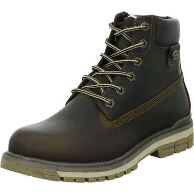 A single brown leather boot is shown against a white background.