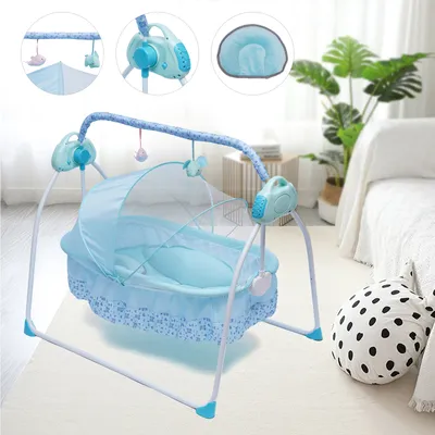 Produktbild von GreatDEshop2021 Elektrisches Babybett, automatische Schaukel, 12 Melodien, faltbar, Timer, Auto-Abschaltung, USB, sichere 5V, 3 Schaukelstufen, Sicherheitsgurt, rutschfeste Füße, ABS, Stahl, hautfreundlich, Blau, 0-18 Monate, 180° flach (Wirbelsäulenschutz), Maße: Außen 100x75x86cm, Innen 90x52x30cm, 6kg
