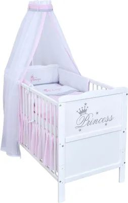 Produktbild von Baby-Delux Babybett Kinderbett Gitterbett Princess 60x120 Weiß inkl. 10-tlg Princess Bettwäsche Set Matratze, Beißschienen zum Schutz