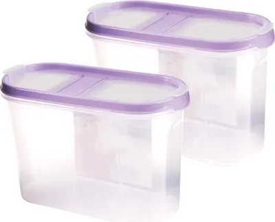 Two clear plastic food storage containers with purple lids are shown against a white background.