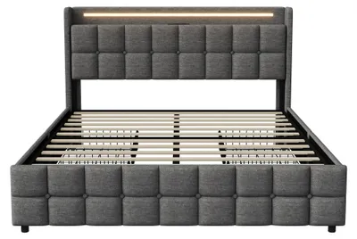 Image de Lit rembourré 160 x 200 cm - Sommier avec tête de lit à LED - Port USB - 4 tiroirs de rangement - Sommier à lattes - Tissu en lin - Gris