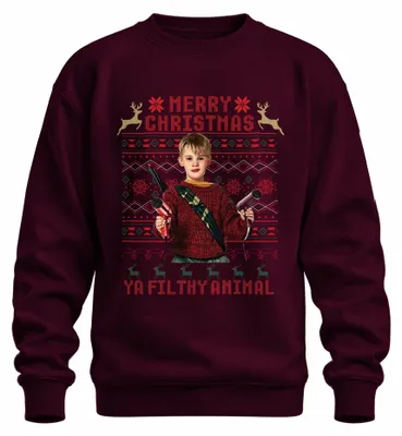 Imagen del producto de Suéter navideño "Merry Christmas Ya Filthy Animal Kult", diseño "Ugly Christmas Sweater", color burdeos, talla M