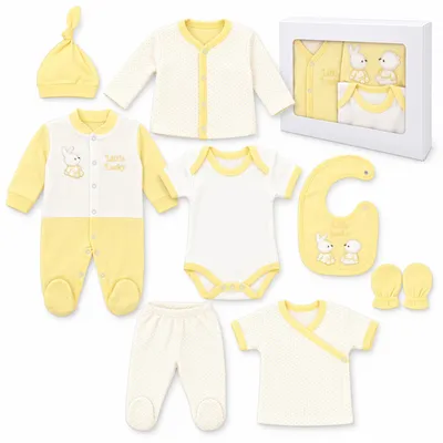 Produktbild von BLUE EYES Baby Geschenk Set 8-teilig, 100% Baumwolle, , Neugeborenen Erstausstattung 0–4 Monate, Gelb-Hase