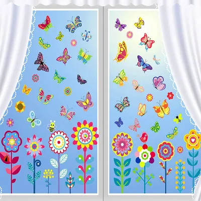 Produktbild von 9 Blätter Fensterbilder, Frühling Fenstersticker 99 Stk, Selbstklebend Fenster deko Aufkleber Sommer Deko Fensterfolie, Fenstersticker Blumen Schmetterlinge Fensterdeko für Kinderzimmer Party