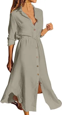 Produktbild von ASKSA Damen Freizeitkleider Sommer Knopf Langarm Shirtkleid Lockeres Solides Midi Kleid mit Kordelzug, Khaki, 4XL