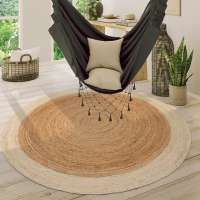 Produktbild von Teppich Rund Wohnzimmer Jute Boho Ethno Muster Modern Handgefertigt Naturteppich Grösse 80 cm Rund