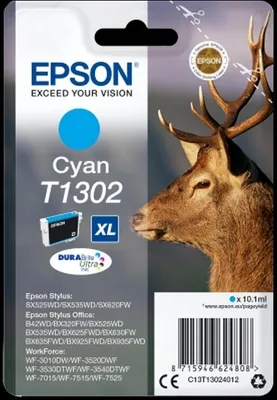 Obrázek produktu pro Epson Stag Balíček s jedním inkoustem T1302 Jelen DURABrite Ultra Cyan, Vysoká (XL) výtěžnost, Azurová, 10,1 ml, 1 kusů, 765 str.