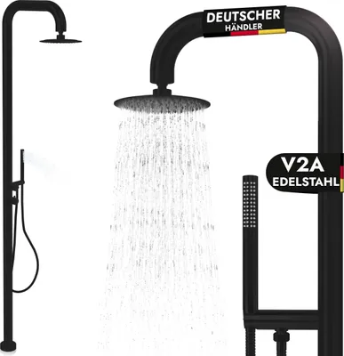 Immagine prodotto di Doccia da giardino in acciaio inox V2A AISI 304 acqua calda acqua fredda con doccetta 20cm doccia a pioggia doccia da piscina doccia da esterno sauna da giardino nero