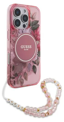 A pink floral iPhone case with a beaded strap.