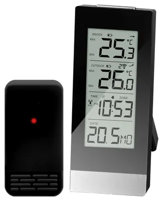 Produktbild von Miraval Funk-Raumklimastation mit Temperatur, Luftfeuchtigkeit, Uhrzeit und Datum