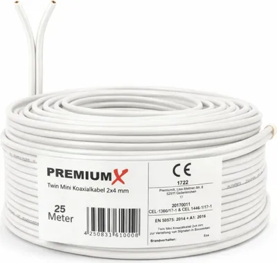 Produktbild von PremiumX 25m Sat Koaxial Kabel 90dB Twin Mini 2 x 4mm Weiß Antennenkabel 2-fach geschirmt