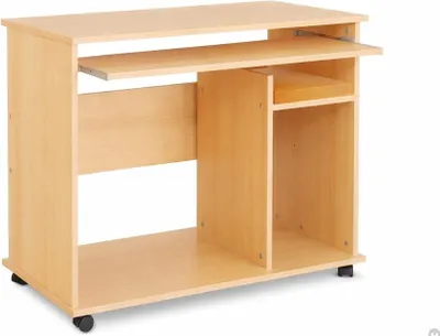 A light wood computer desk with a pull-out keyboard tray and storage compartments, shown on a white background.