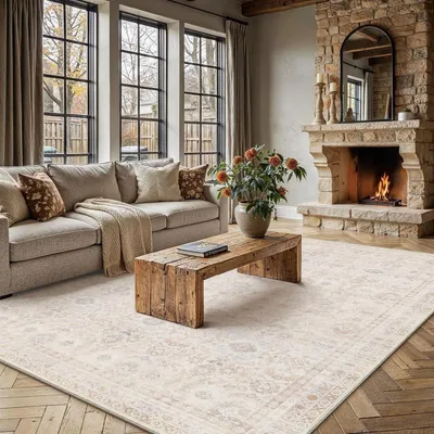 Image de Tapis pour salon, 200x300 cm, lavable, style vintage, peluche courte, beige clair, forme rectangulaire