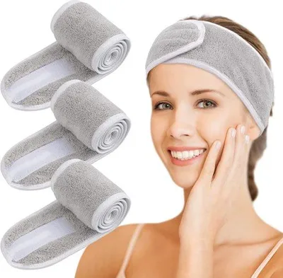 Produktbild von Unyqoos® Kosmetik-Stirnband aus Frottee/Mikrofaser – 3er-Pack, 65×8 cm, verstellbares Klett-Haarband, hellgrau, waschbar für Make-up, Spa, Sport & Yoga