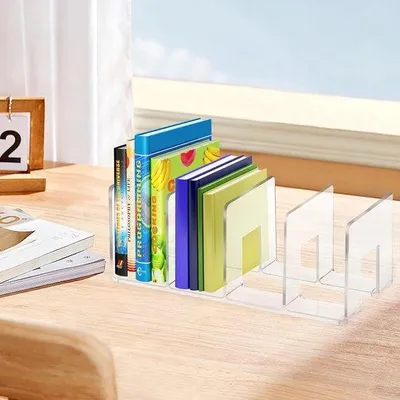Obrázok produktu pre Priehľadný organizér na dokumenty – organizér na knihy a dokumenty – 4 priehradky – akryl – 32 x 14,3 x 13 cm