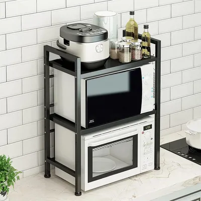 Image de Étagère pour micro-ondes - Étagère de cuisine à 3 niveaux - Extensible - Acier - Rangement pour plan de travail - Avec 6 crochets - Noir