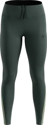 Dunkelgrüne Odlo Essentials Thermal Lauftights mit helleren Einsätzen an den Beininnenseiten und elastischem Bund