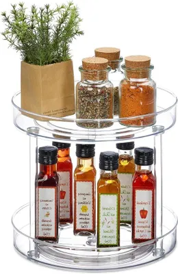 Zdjęcie produktu dla Szklana taca obrotowa – 2 półki – obrotowa – średnica 27 cm – do lodówki, butelek kosmetyków i pojemników na zioła – przezroczysta