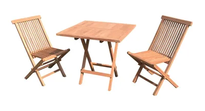A wooden folding table and two chairs are displayed against a white background.