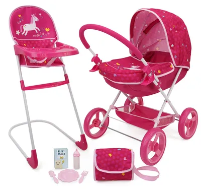 Produktbild von Puppenwagen – Set mit 8 Teilen – Mit Verdeck und Einkaufskorb – Für Puppen bis 46 cm