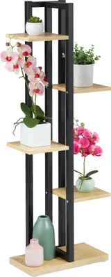 Produktbild von Relaxdays Pflanzenregal, Blumentreppe mit 5 Ablagen, HBT 117 x 43 x 22 cm, Stahl u. MDF, Blumenregal innen, hellbraun