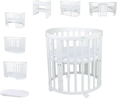 Produktbild von Mobiles Babybett OWAL aus Holz 7in1 mit Matratze, mitwachsend,Ohne Stoffset,Holz weiß