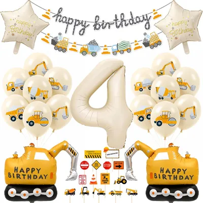 Produktbild von Baufahrzeug Party-Deko-Set - Mit Bagger-Folienballon, Happy Birthday Banner und Tortendeko - Für Kindergeburtstage - Mehrfarbig
