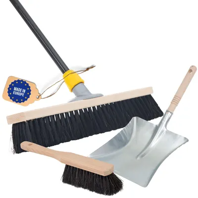 Produktbild von Novaliv Großer Besen 60 cm mit Stiel Haarmischung Saalbesen inkl. Kehrgarnitur verzinkt bestehend aus Kehrblech und Handfeger besen fein Ideal als Werkstattbesen Hallenbesen Hausbesen mit Stiel