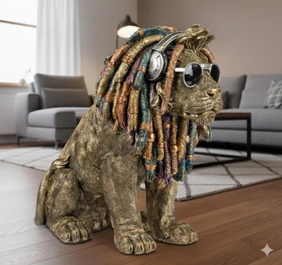 A decorative lion figurine with dreadlocks, headphones, and sunglasses sits in a living room setting.