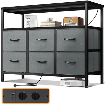 Image de Commode avec 6 tiroirs en tissu, 2 prises électriques, 2 ports USB, noire, dimensions : 100 x 30 x 85,2 cm