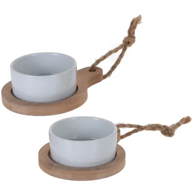 Image de Set pour snacks, vinaigrettes et apéritifs - 2 bols ronds en porcelaine sur plateaux