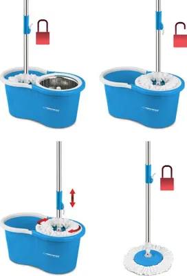 A collage of four images showing a spin mop and bucket system in different stages of use.
