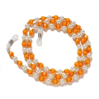 A beaded chain for glasses, with orange and white beads.