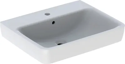 Produktbild von Geberit Waschtisch Renova Plan, weiß, 600x480mm, Sanitärkeramik, mit Hahnloch und Überlauf, eckig, unterbaufähig, kombinierbar mit Halbsäule/Unterschrank, gerade Wandanbindung, Spritzschutz, 501636001