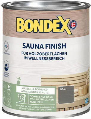 A can of BONDEX Sauna Finish wood treatment in gray color.
