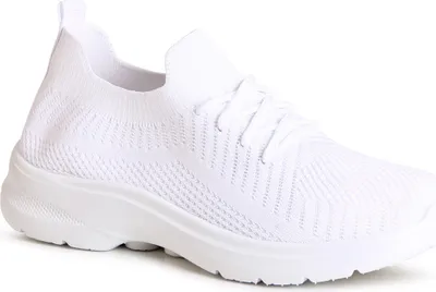 A single white sneaker shown from a side-angle.