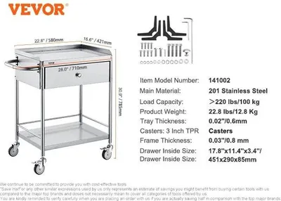 Image de Chariot utilitaire, acier inoxydable durable, roulettes verrouillables, tiroir à 2 niveaux