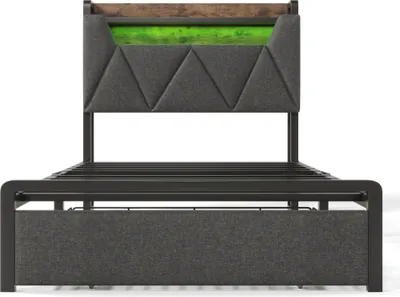 Produktbild von Polsterbett 90x200cm Einzelbett (Ohne Matratze) Grau Leinen Mit USB Typ C Ladefunktion und LED-Beleuchtung und Schubladen Bett mit Stauraum