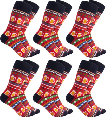 Produktbild von BRUBAKER 6 Paar Weihnachtssocken für Damen und Herren - Lustige Socken Weihnachten, Weihnachtsmuster mit Bier Rot, Größe 35-40