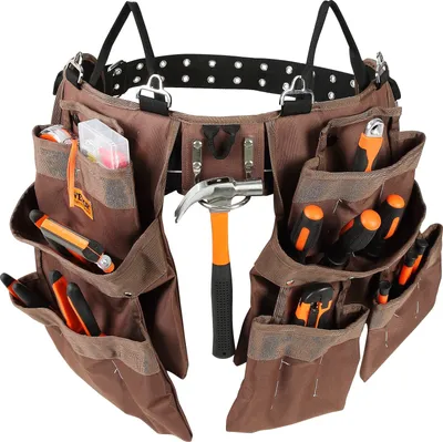Produktbild von Werkzeuggürtel 19 Taschen verstellbar von 81,2 bis 137,2 cm robuste Werkzeugtasche aus Polyester abnehmbare Werkzeugtasche für Elektriker Schreiner Heimwerker Holzarbeiter Baugewerbe Braun