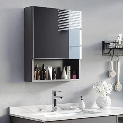 Produktbild von Badspiegelschrank mit Spiegel-Tür und Stauraum – Wandmontage in Schwarz, Edelstahl und Glas, 46 x 13,5 x 58 cm