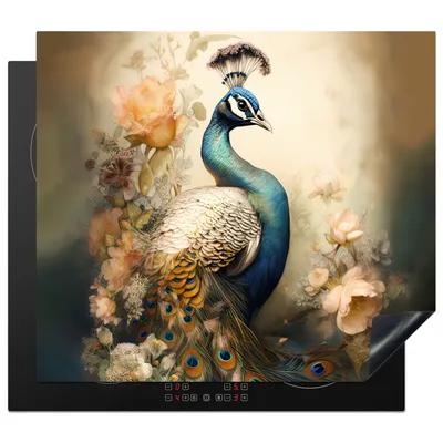 Produktbild von KitchenYeah© Herdabdeckplatte Pfau - Pfauenfedern - Blumen - Botanisch , 58x51cm, Küche Deko, Glaskeramikkochfeld Herdabdeckung, Abdeckplatte fùr Kochfeld