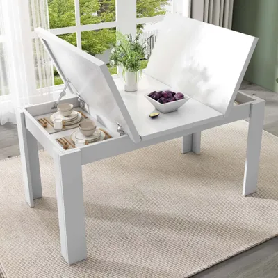 Immagine prodotto di Tavolo da pranzo AIORBER, 120 x 70 cm, con vano portaoggetti nascosto, piano pieghevole, salvaspazio, rettangolare, per soggiorno, sala da pranzo, bianco