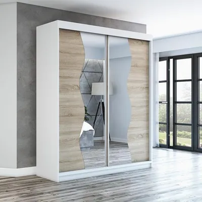 Produktbild von Schwebetürenschrank, 2-türig Schrank RIMA 180 cm (mit Spiegel) (Weiß / sonoma / sonoma)