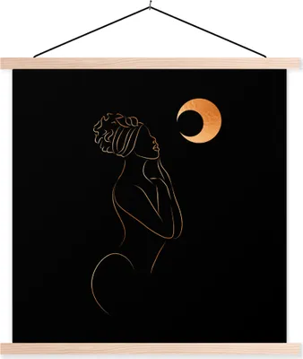 Produktbild von MuchoWow® Textilposter Frau - Mond - Schwarz und Gold - Strichzeichnung 60x60 cm mit holzfarbenen Rahmen - Wanddekoration