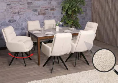Produktbild von 6er-Set Esszimmerstuhl HWC-G66, Küchenstuhl, drehbar Auto-Position Stoff/Textil Bouclé MVG  cremeweiß, mit Armlehne