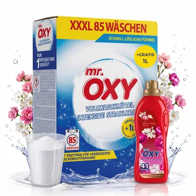 Productafbeelding van Mr. OXY Volwasmiddel XXXL, 85 wasbeurten, 5,1 kg + GRATIS 1 liter wasverzachter – Enzymaformule voor krachtige vlekverwijdering, geschikt voor gekleurde was