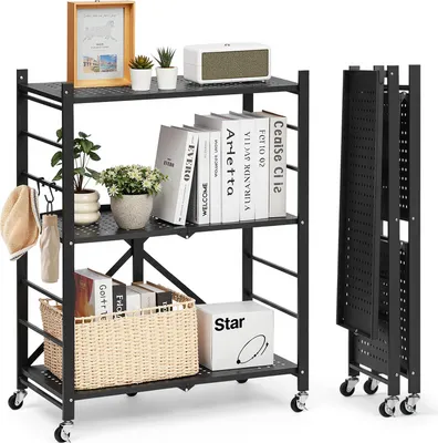 Immagine prodotto di VEVOR 3 scaffali, scaffali pieghevoli con ruote, 33x71x91 cm, scaffale pieghevole per carichi pesanti, scaffale in piedi senza montaggio, scaffale per la casa, scaffale per la cucina, scaffale in metallo per garage, cucina, cantina, nero