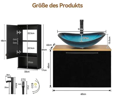 Image de Ensemble de meubles de salle de bain 3 pièces : meuble sous-vasque, meuble suspendu, couleur bleue, 60 cm